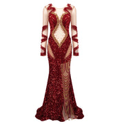 Crimson Sparkle Beaded Chain Maxi Dress