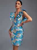 Blue Ruffle Jacquard Dress with Backless Midi, ibuyxi.com