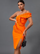 High Quality Orange Ruffle Bandage Dress, ibuyxi.com