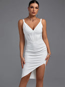 White Spaghetti Strap Draped Bodycon Dress, iBuyxi.com