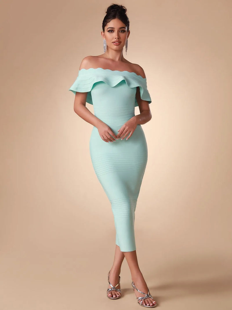 New Elegant Off Shoulder Ruffle Midi Bandage Dress, ibuyxi.com