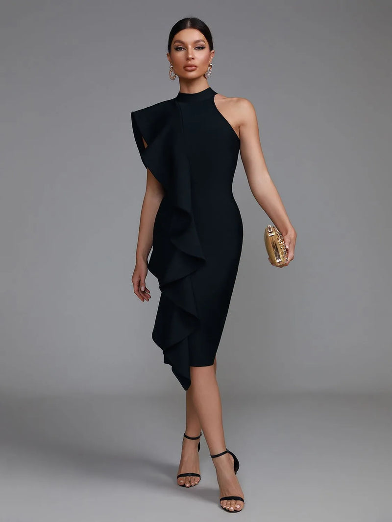 Elegant Black Ruffle Midi Bodycon Dress, ibuyxi.com