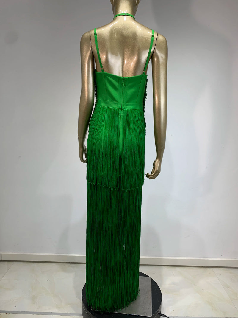 Backless Tassel Green Maxi Dress