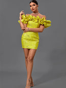 High Quality Yellow Jacquard Ruffle Mini Dress. ibuyxi.com