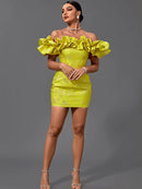 High Quality Yellow Jacquard Ruffle Mini Dress. ibuyxi.com