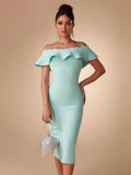 New Elegant Off Shoulder Ruffle Midi Bandage Dress, ibuyxi.com