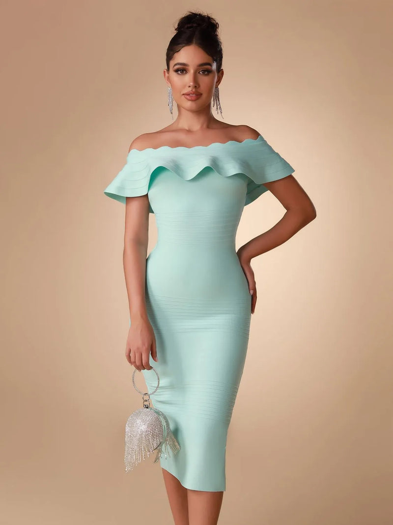 New Elegant Off Shoulder Ruffle Midi Bandage Dress, ibuyxi.com