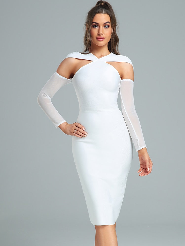 White Midi Bodycon Dress with Cut Out, iBuyxi.com