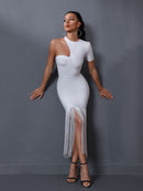 Ruffled White Long Bodycon Tassel Outfit, ibuyxi.com