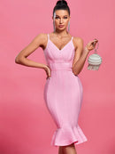 Spaghetti Strap Mermaid Bodycon Pink Ribbed Midi Evening Dress, iBuyXi.com