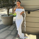 Off-shoulder Backless Sleeveless Ruffle Thigh High Split Maxi Dress, ibuyxi.com