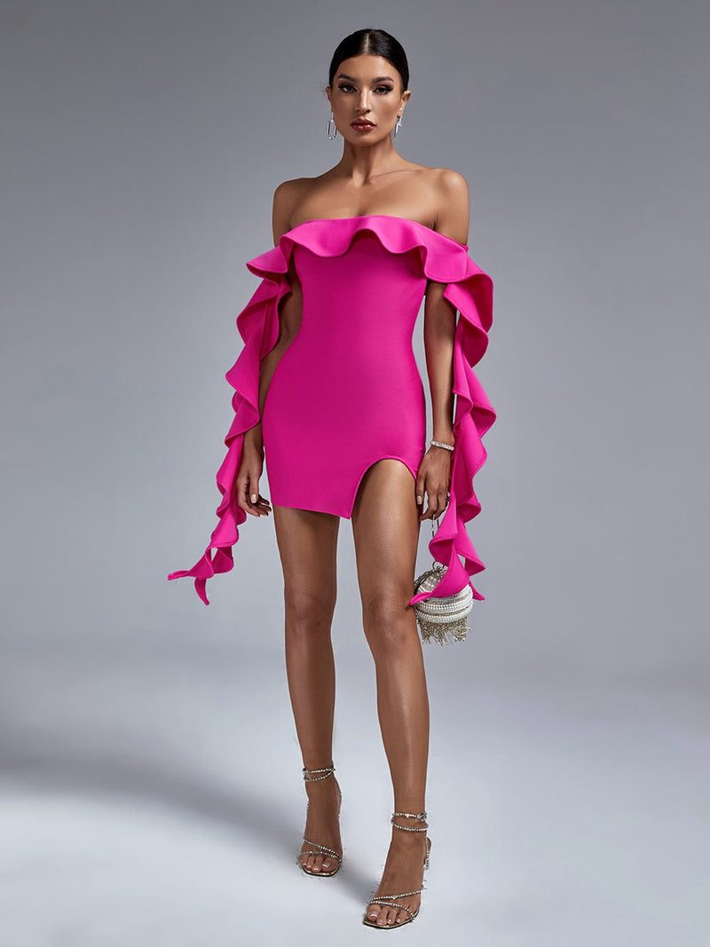 Gorgeous Ruffles Pink Off Shoulder Bodycon Dress, ibuyxi.com