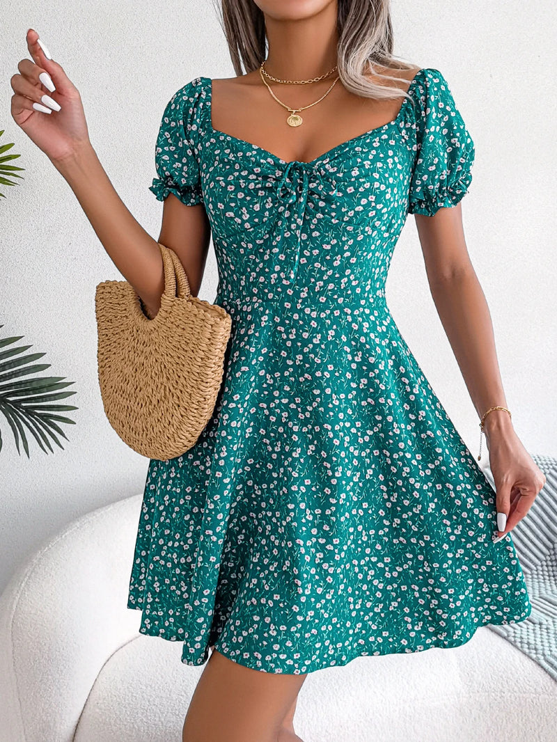 Ruffles Short Sleeve Floral Print A Line Dress