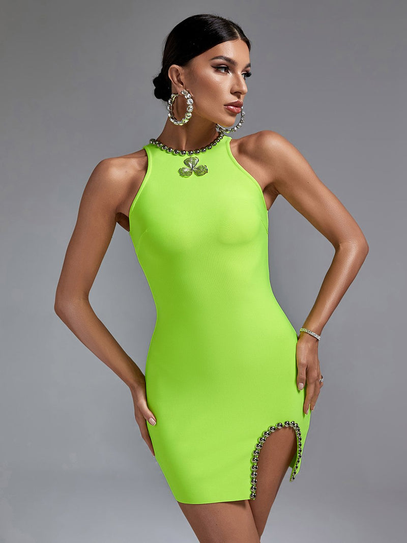 Lime Green Crystal Bodycon Short Outfit, ibuyxi.com