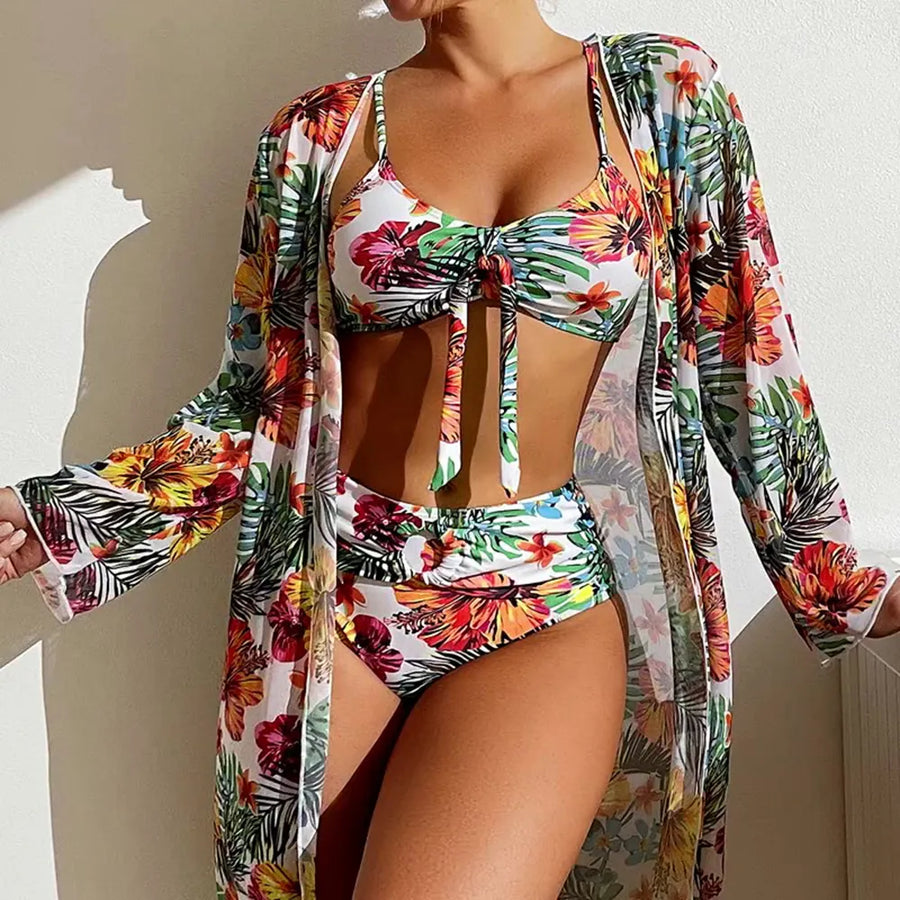 Floral Printed Three Piece Swimsuit Bikini Set