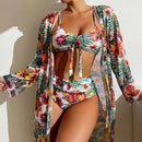 Floral Printed Three Piece Swimsuit Bikini Set, ibuyxi.com
