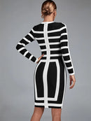 Elegant Black And White Long Sleeve Midi Dress, iBuyxi.com