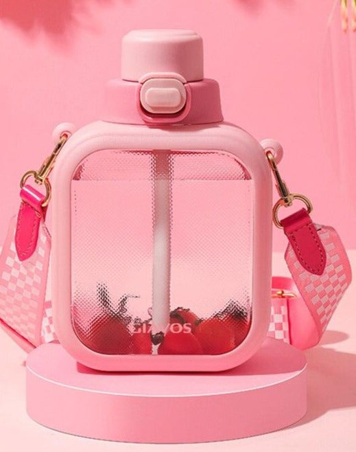 Cute Flat Bottles with Straw and Strap - view 4