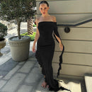 Off-shoulder Backless Sleeveless Ruffle Thigh High Split Maxi Dress, ibuyxi.com