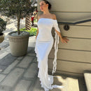 Off-shoulder Backless Sleeveless Ruffle Thigh High Split Maxi Dress, ibuyxi.com