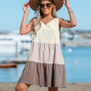 Colorblock Tiered Hem Mini Dress For Women Sexy V-neck Sleeveless Holiday Loose Straight Dress 2023 Summer Female Dress, ibuyxi.com