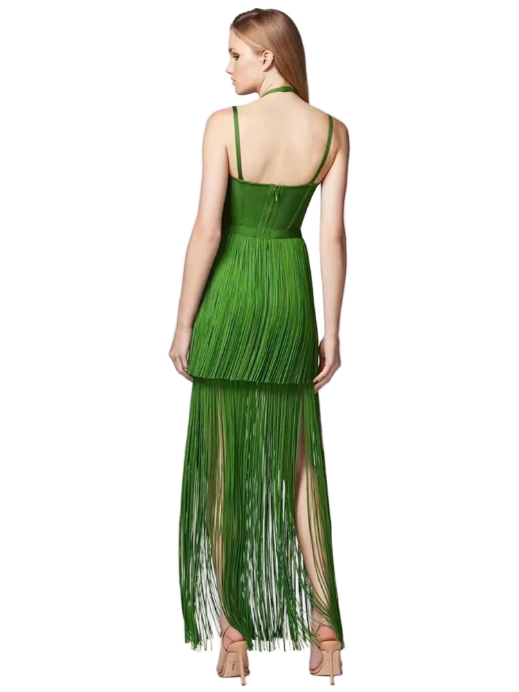 Backless Tassel Green Maxi Dress