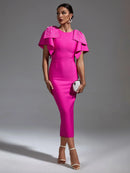 Pink Beaded Ruffle Bandage Midi Party Dress