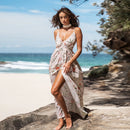 Floral Print Pleated Maxi Dress For Women Sexy V-neck Backless Long Beach Holiday A-line Split Dress 2023 Summer Sundress, ibuyxi.com