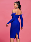 Blue Feather Off Shoulder Bandage Dress, ibuyxi.com