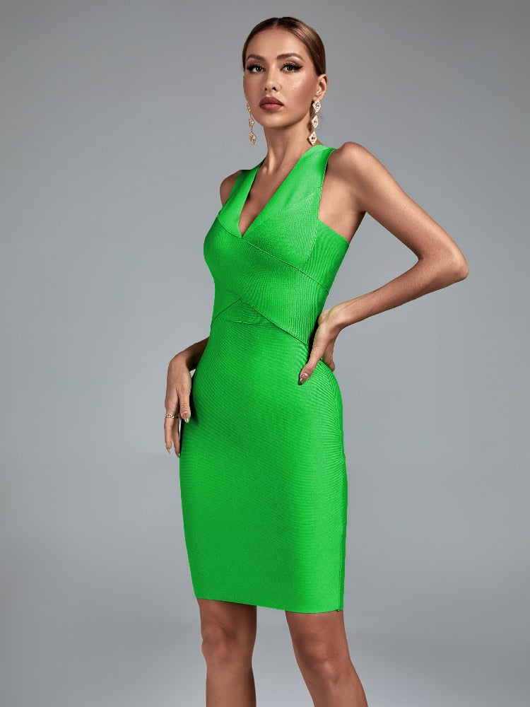 Green Bodycon Dress with Deep V Neck, ibuyxi.com