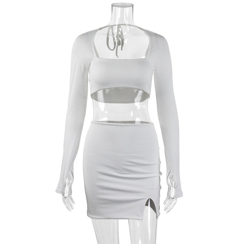 Square Collar Full Sleeve Crop Top Mini Skirt Set, iBuyXi.com
