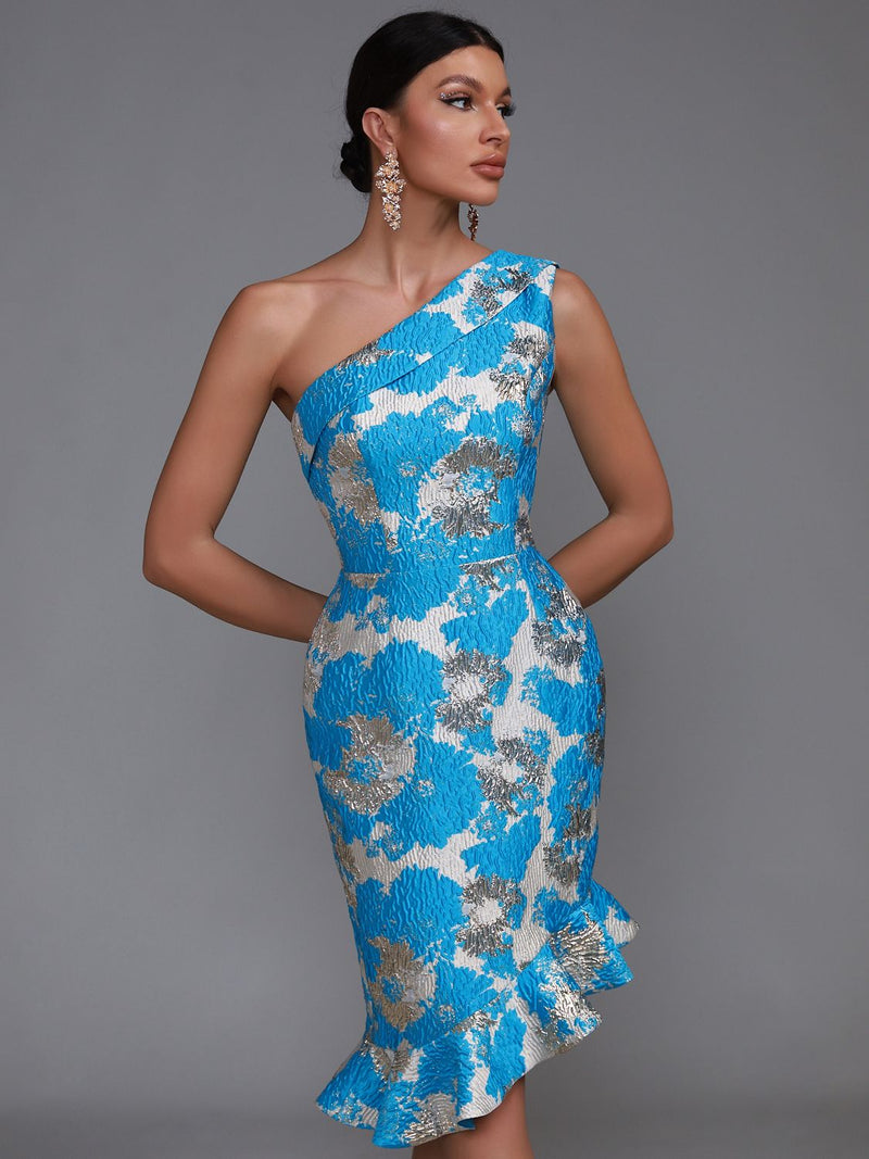 One Shoulder Blue Jacquard Mermaid Dress, ibuyxi.com