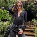 Long Sleeve Slim V-Neck Bandage Bodysuit, ibuyxi.com