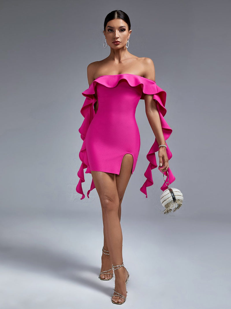 Gorgeous Ruffles Pink Off Shoulder Bodycon Dress, ibuyxi.com