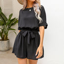 Black Belted Backless Romper For Women Sexy Boat Neck Short Sleeve Short Playsuit 2023 Spring Summer Bodysuit Jumpsuit Overalls, ibuyxi.com