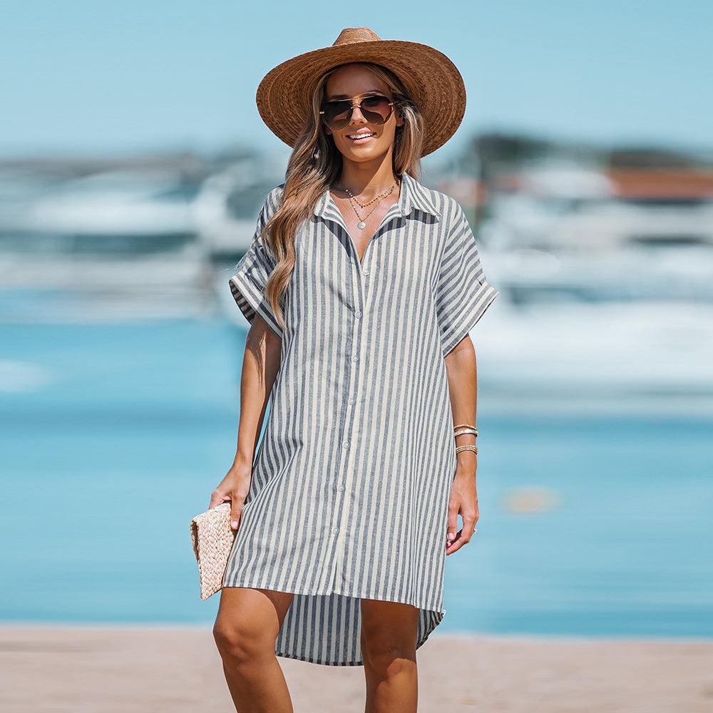 Striped Short Dolman Sleeve Loose Shirt Dress | iBuyXi Gray / L Striped Short Dolman Sleeve Loose Shirt Dress | iBuyXi Gray / L