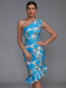 One Shoulder Blue Jacquard Mermaid Dress, ibuyxi.com