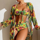 Floral Printed Three Piece Swimsuit Bikini Set, ibuyxi.com
