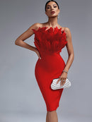 Red Feather Bodycon Midi Strapless Dress, ibuyxi.com