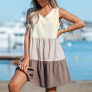 Colorblock Tiered Hem Mini Dress For Women Sexy V-neck Sleeveless Holiday Loose Straight Dress 2023 Summer Female Dress, ibuyxi.com