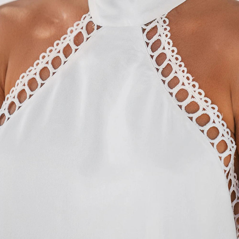 White Lace Trim Halter Mini Dress For Women Sexy Backless Sleeveless Holiday Beach A-line Dress 2023 Summer Female Dress, ibuyxi.com