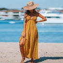 Yellow Ruffled Halter Maxi Dress For Women Sexy V-neck Backless Loose Holiday Beach A-line Dress 2023 Summer Female Sundress, ibuyxi.com