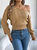Off Shoulder Long Sleeved Knitted Pullover Sweater