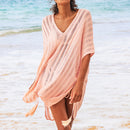 MISS PETAL Pink V neck Crochet Mini Dress Sexy Bat Sleeve Loose Casual Hollow Out T-shirt Dress 2023 Beach Bikini Cover Up, ibuyxi.com