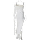 Off-shoulder Backless Sleeveless Ruffle Thigh High Split Maxi Dress, ibuyxi.com