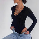 Bandage Tie Front Long Sleeve Ribbed Knit Solid Bodysuit, ibuyxi.com