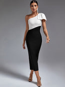 One Shoulder Maxi Bodycon Dress with Color Block, ibuyxi.com
