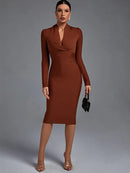 Elegant Draped Long Sleeve Midi Bandage Dress, ibuyxi.com