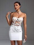 White Bodycon Feather Mini Strapless Dress, ibuyxi.com