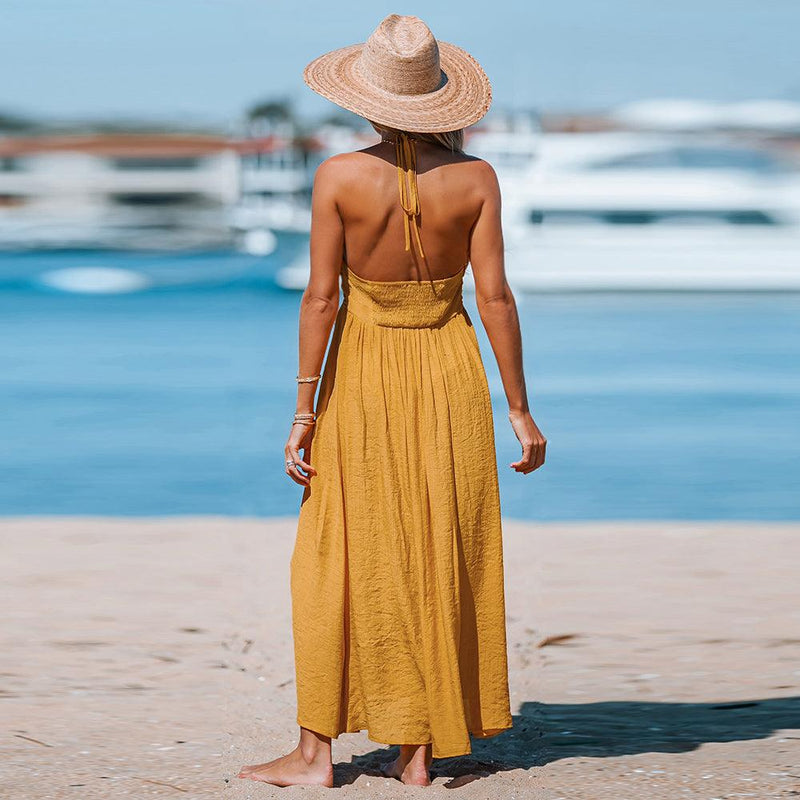 Ruffled Halter V-Neck Backless Loose A-Line Maxi Sundress | iBuyXi Ruffled Halter V-Neck Backless Loose A-Line Maxi Sundress | iBuyXi